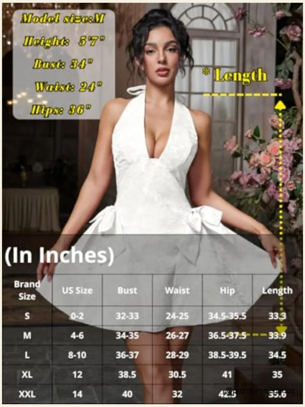Halter V-Neck Mini Dress, Jacquard Bow A-Line, Prom Formal - Picture 6 of 7